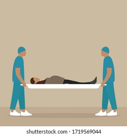 Two male orderlies are holding a stretcher with a pregnant female character