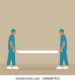 Two male orderlies in uniform hold an empty stretcher