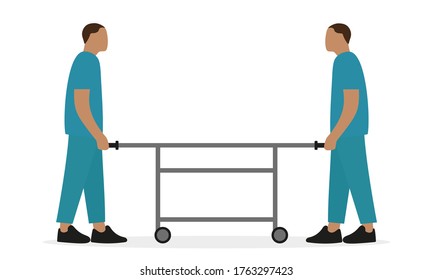 Two male orderlies in uniform hold a wheel stretcher on a white background