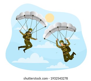 Two male paratroopers in a military uniform are flying with a parachute. Men are coming down to the ground with parachutes on a hot summer day. Flat cartoon vector illustration