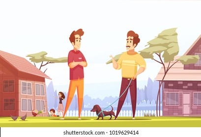 Two male people living in neighboring village cottages and walking with their children and pets cartoon vector illustration