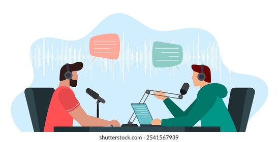 Two male persons recording audio discussion in online radio broadcast studio. Guest man podcast show interview with microphones and headphones. Live streaming channel podcasting and broadcasting media