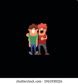 Two male pixel art characters staying together and laughing