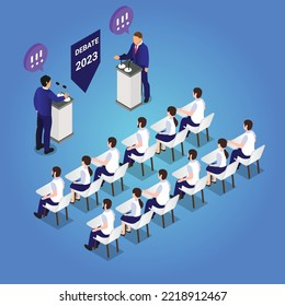 Two male politicians debate on podium isometric 3d vector illustration concept for banner, website, illustration, landing page, flyer, etc.