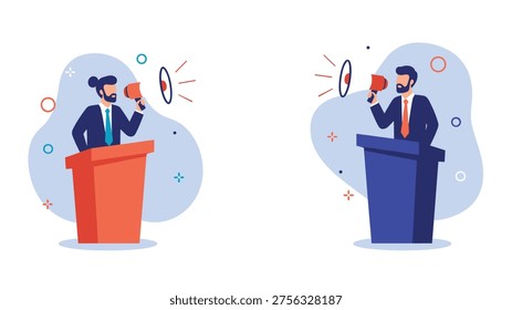 Two male politicians using megaphones on podiums represent a heated debate, political campaign, or effective public communication.