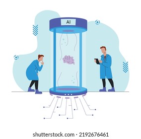 Two male professors look at the brain in the capsule. Artificial intelligence concept. Vector stock illustration with liquid blue background
