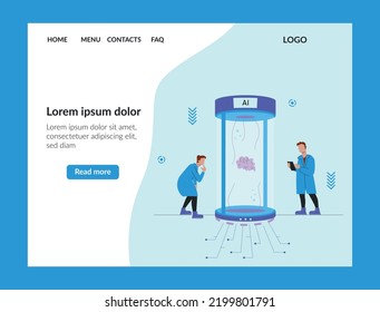 Two male professors look at the brain in the capsule. Artificial intelligence concept. Vector stock illustration for website. Landing page. Banner.