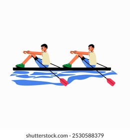 Dos remeros masculinos en bote con remos en Ilustración vectorial plana que simbolizan el trabajo en equipo, la competencia y los deportes acuáticos, aislados sobre fondo blanco.