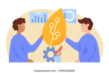 Dos científicos hombres miran la hoja con chip creciendo dentro. Concepto de tecnología ecológica, sostenible o ecológica, investigación sobre protección ambiental. Ilustración vectorial de dibujos animados planos