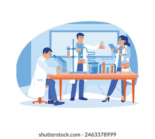 Two male scientists are doing scientific research in the laboratory. Female scientist records research results. Laboratory concept. Flat vector illustration.