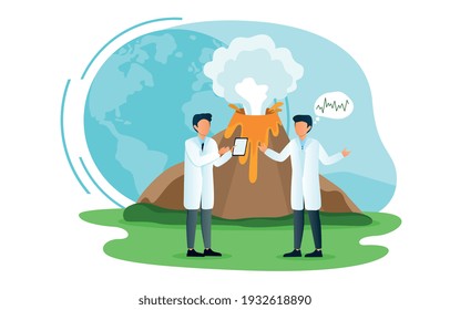 Two male scientists are trying to prevent natural disaster. Signal technology study to predict nature disasters. Concept of seismic activity and lava eruption. Flat cartoon vector illustration