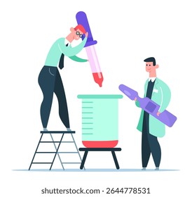Dois cientistas do sexo masculino trabalhando juntos em um laboratório, adicionando reagente a um tubo de ensaio durante um experimento, usando um conta-gotas e uma grande pipeta, de pé em uma escada e sorrindo