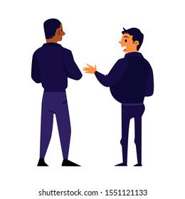 Two male security guards standing and talking - flat isolated cartoon characters in black uniform seen from the back chatting. Vector illustration on white background.