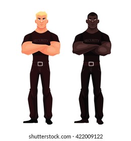 Two male security, vector illustration cartoon isolated on a white background. a male African and European security stand idly by, serious and strong people guards