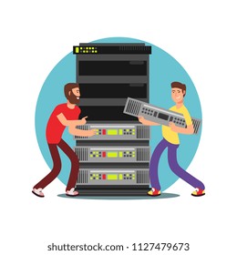 Two male server administrators working with data base. IT flat vector illustration