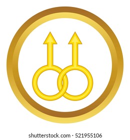 Two male sign vector icon in golden circle, cartoon style isolated on white background
