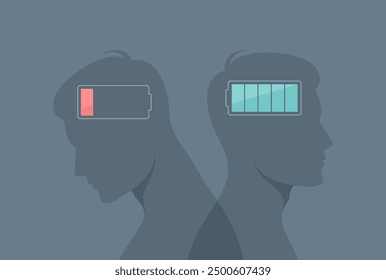 Two male silhouettes back to back with charged and discharged battery indicators in their heads, flat vector illustration
