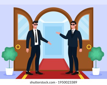 Two Male Smiling Bodyguards Are Welcoming At Doors On Red Carpet. Concept Of Protective Event Hosting With Bodyguards In Suits Watching The Area. Flat Cartoon Vector Illustration