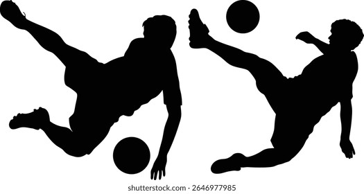 Two male soccer players in dynamic action, depicted as black silhouettes