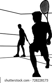 Two male squash players playing a match vector