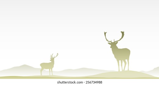 Two Male Stag Deers on Misty Moor. Vector EPS 8.