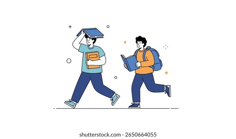 Two male students carrying books and backpacks walking together in a vibrant and energetic style illustration
