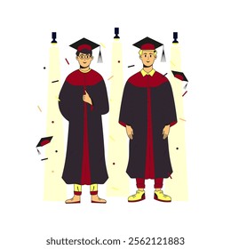 Two male students wearing gown and cap at graduation ceremony.