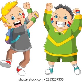 Two male supporters feeling happy and joyful their team won the game of illustration