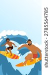 two male surfers riding dynamic waves in blue ocean