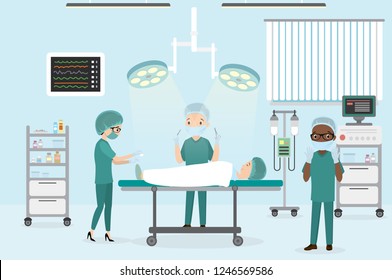 Two Male Surgeons And Female Nurse In The Operating Room,surgery,caucasian Woman Lying On The Operating Table,furniture And Medical Equipment,flat Vector Illustration