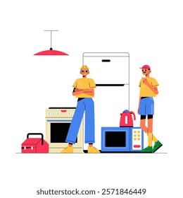 Two Male Technicians Standing Near Kitchen Appliances Including Refrigerator And Oven In Flat Vector Illustration Symbolizing Appliance Repair, Isolated On White Background