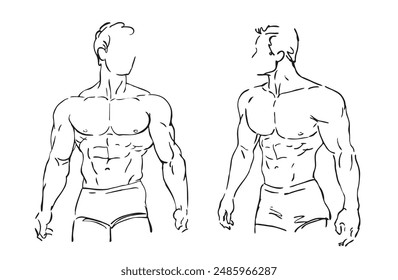 Zwei männliche Torsos Athletic Muscular Men Body Fitness Model Line Zeichnungsstil Vektorillustration