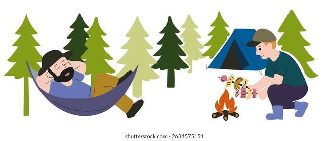 Two male tourists are resting in forest, one is frying fresh vegetables and sausages on fire, other is sleeping in hammock.