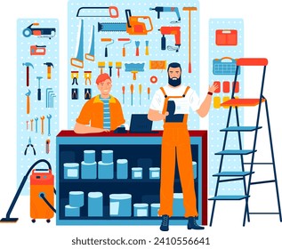 Two male workers in a hardware store with tools and paint supplies. Smiling young employee assisting, bearded manager supervising. Workplace teamwork and customer service vector illustration.