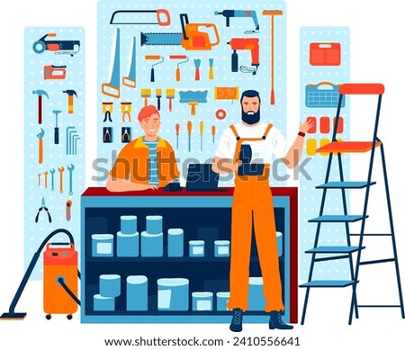 Two male workers in a hardware store with tools and paint supplies. Smiling young employee assisting, bearded manager supervising. Workplace teamwork and customer service vector illustration.
