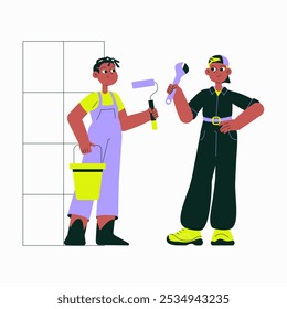 Dois Trabalhadores Masculinos Segurando Rolo De Pintura E Chave Na Ilustração De Vetor Plano Simbolizando Construção, Reparo E Melhoria Da Casa, Isolados No Fundo Branco