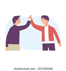 two male workers as a team do high five with enthusiasm, two businessmen are happy to reach the target at work,