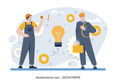 Zwei männliche Arbeiter in Uniformen und Helmen diskutieren eine Glühbirne Idee mit Zahnrädern im Hintergrund, flachen Cartoon-Stil, symbolisieren Teamarbeit und Innovation. Vektorgrafik