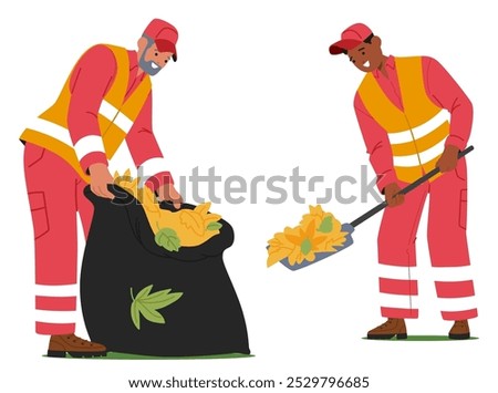Two Male Workers Using Shovels To Gather Piles Of Autumn Leaves Into Large Bags For Removal. Characters Dressed In Uniforms And Working in Autumn Public Park With Orange Green Leaves Scattered Around