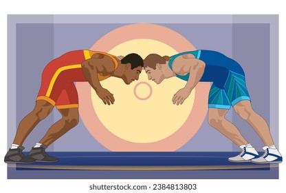 two male wrestlers in greco-roman wrestling pose with mat in the background