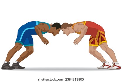 two male wrestlers in greco-roman wrestling pose isolated on a white background