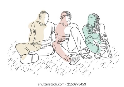 Two males   female friends are hanging out  sitting the ground  simple line art hand  drawn color illustration