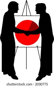 two males shaking hands infront of presentation stand illustration
