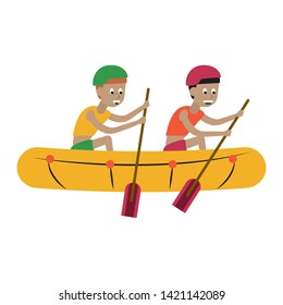Two man in boat with rowings cartoon isolated vector illustration graphic design