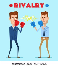 Two man with boxing gloves stand in stance and ready to fight. Business rivalry concept. Simple vector illustration