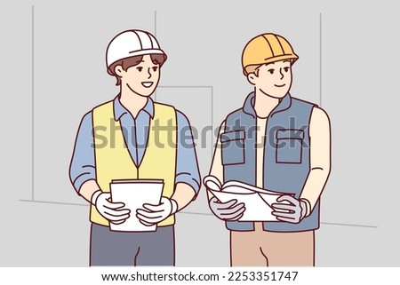 Two man builders in worker uniform look to side discussing construction process. Architects or engineers wearing protective helmets stand with papers in their hands at workplace. Flat vector image