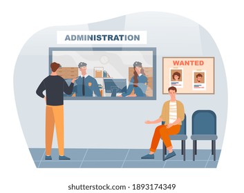 Two man came to the police station to report a crime. Male and female officers in administration are listening to citizens through glass. Flat cartoon vector illustration