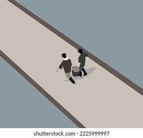 Two man carry basket of fish walking on boat pier. They collecting fresh fishes from boat and open up a market