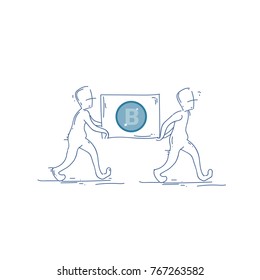 Dos hombres portan bitcoin Cripto Moneda Banner Digital Web Money Concept Vector Ilustración