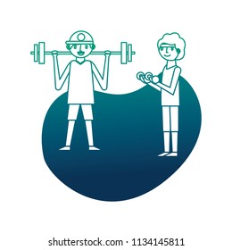 two man cartoon exercise with dumbbell and barbell